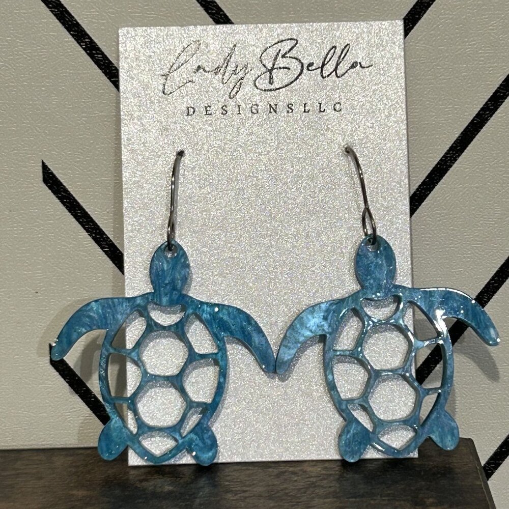 NEW Turtle Shaped Blue Acrylic Dangle Earrings Ocean Gift Summer Sea Life Travel - Picture 5 of 7